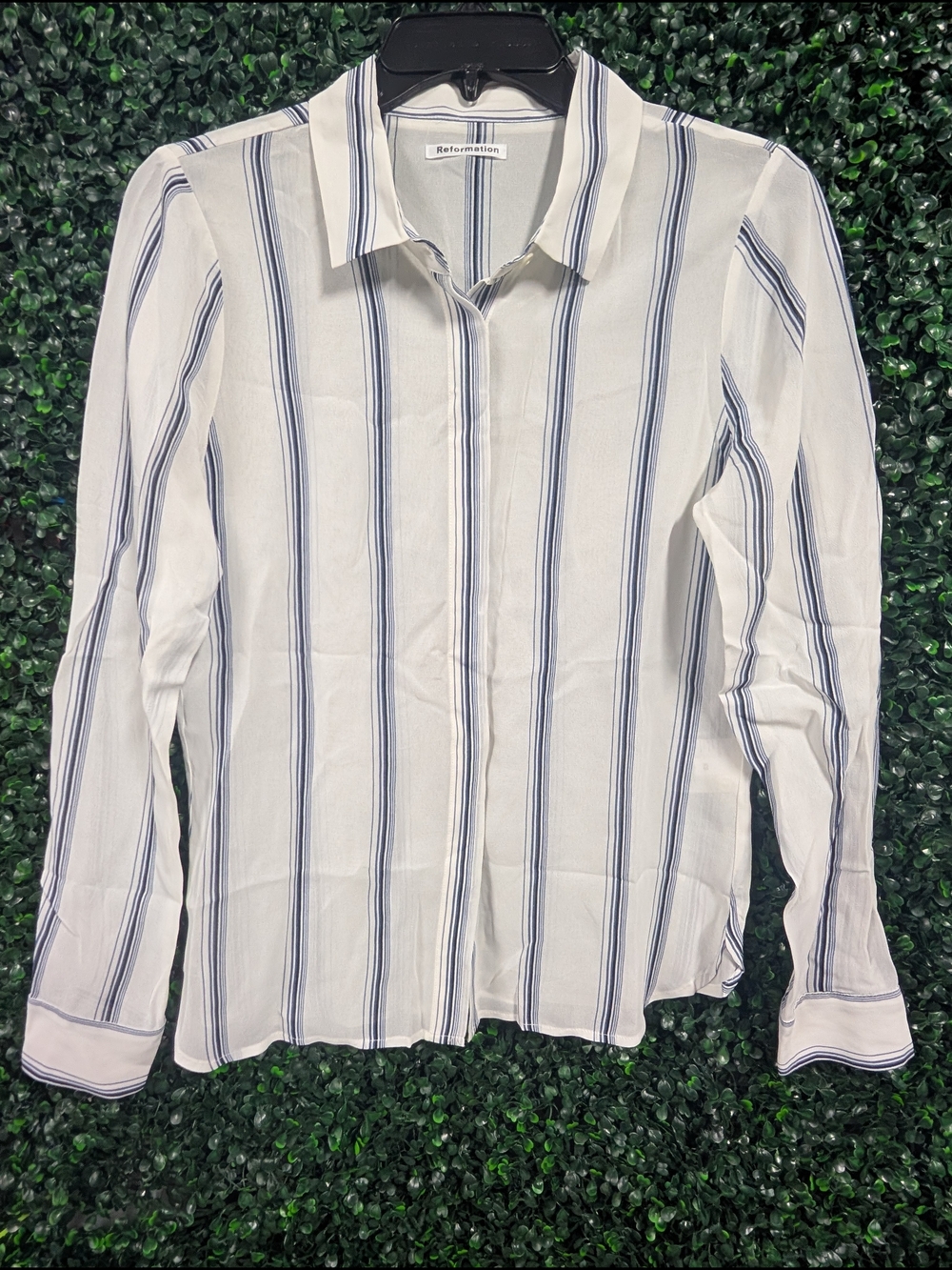 Reformation White Shirt with Navy Vertical Stripes